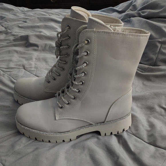 Cream Rhinestone Combat Boots - Picture 7 of 7